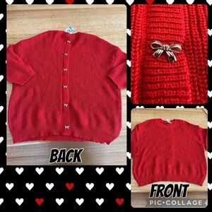 Poppy & Whimsy NWT red knit crew neck bow button detailed back sz 1XL, 23” p2p